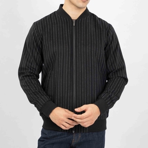 Blouson bomber rayé noir pour homme, fermeture éclair, col montant, polyester, coupe classique, pour l'automne, unisexe - Product Image 1