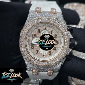 ICELOOK นาฬิกาควอทซ์สุดหรูสำหรับผู้ชาย 42 มม. ประดับเพชรอะนาล็อกโครโนกราฟสายซิลิโคนสีขาวทาคีมิเตอร์คริสตัลแซฟไฟร์ - Product Image 5