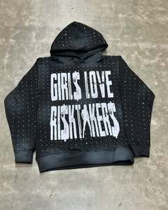 Custom Heavyweight Rhinestone Graphic Hoodie Screen Print All Over Rhinestone Mens Acid Wash Oversized Pullover Hoodie - Product Image 2