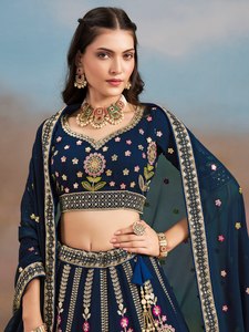 Blue Georgette <b>Lehenga</b> Choli Floral Zari Embroidered V-neck A-Line Floor-Length Quick Dry Bridesmaid Dress Traditional Wedding - Product Image 1