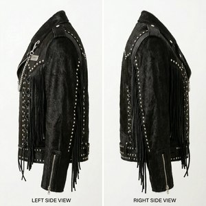Custom Mens Western Goth Rockstar Cowhide Hair On Fringe Studded Heavy Metal Asymmetric Zip Motorcycle <b>Biker</b> Punk Luxury Coat - Product Image 4