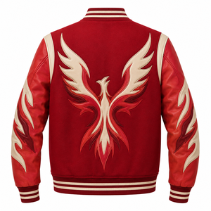 <b>Red</b> <b>Wool</b> And Leather Sleeves Varsity Letterman Jacket With Bird Embroidery And Snap Button Closure Street wear Autumn - Product Image 2