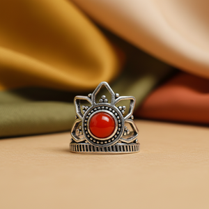Crimson Glow Manmade Carnelian Lotus Crown <b>Ring</b> Handmade Gold/Silver Plated Bohemian Style Unisex Jewelry - Product Image 4