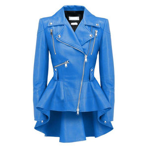 Women's Blue Leather Moto Jacket With <b>Zipper</b> And Peplum Hem Regular Length Full Sleeve Spread Collar Autumn Style - Product Image 1