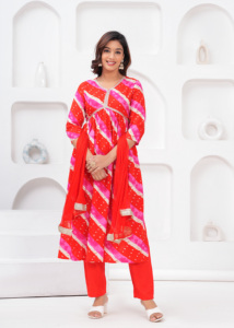 Conjunto de Kurta, Pantalón y Dupatta Estampado Rojo para Mujer |   Kurti Étnico con Cuello en V Recto y Dupatta de Diseño - Product Image 5
