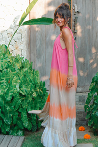 Robe longue maxi en coton rose et orange dégradé pour femme, style bohème, sans manches, pour la plage et les vacances d'été - Product Image 3
