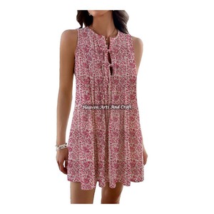 Robe courte sans manches pour femme, tenue tendance, vente chaude, longueur mi-cuisse, imprimé bohème, style gypsy, en coton, robe de soirée, style indien et pakistanais - Product Image 3