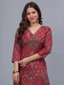 Red Digital Print Cotton Quick Dry Ethnic <b>Kurta</b> Set <b>Women</b> Regular Fit Knee-Length Casual Wear India Pakistan Style All Seasons - Product Image 3
