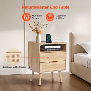 Comodino Boho con Ripiano Aperto e 2 Cassetti, Tavolino da Notte in Rattan con Gambe in Legno Massello per Appartamenti - Product Image 4