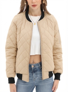 Women's Quilted Bomber Jacket Solid Color <b>Zipper</b> Closure Stand Collar Short Length Full Sleeve Autumn Wear - Product Image 6