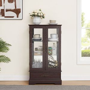 <b>Lighted</b> 2-Door Glass Curio Cabinet with 1 Drawer Adjustable Glass Shelves & Bulb Included Display & China Cabinet - Product Image 3