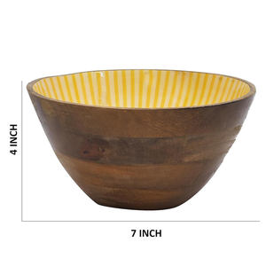 Bol en bois fait main avec intérieur rayé jaune, design moderne pour servir les aliments, usage domestique - Product Image 3