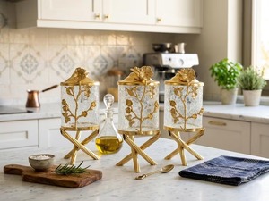 Frasco de Vidrio Cilíndrico con Acento de Flor Dorada y Tapa Hermética para Conservación de Alimentos en la Cocina, Diseño Moderno y Lujoso - Product Image 5