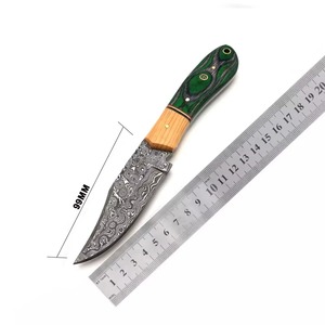 Couteau de chasse à lame fixe en acier Damas, pointe en U, manche vert, couteau de survie pour extérieur avec étui en cuir - Product Image 4