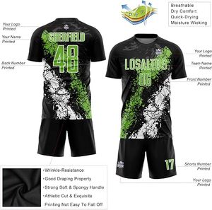 Camiseta de Fútbol Personalizada Negra, Verde y Blanca, Uniforme de Fútbol Sublimado con Diseño Splatter, Manga Corta, Cuello Redondo, Nombre del Equipo, Número, Venta al Por Mayor OE - Product Image 3