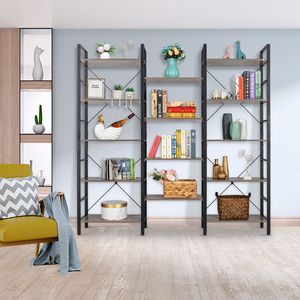 "French Vintage Industrial 5 Shelf <b>Wood</b> Metal <b>Bookcase</b> Triple Wide Open Bookshelf Large Etagere Furniture" - Product Image 1
