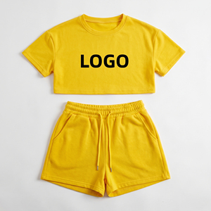 Women's Yellow Ribbed <b>2</b>-<b>Piece</b> Set Crop Top Shorts Casual <b>Summer</b> <b>Outfit</b> Solid Color Crew Neck Short Sleeve Breathable Cotton - Product Image 4