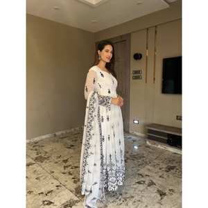 CONJUNTO DE TRAJE ANARKALI GEORGETTE BORDADO DE Color Blanco 2017 - Product Image 4