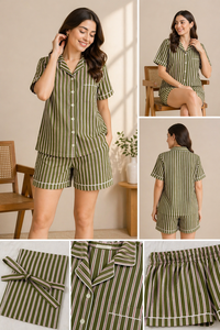 Conjunto de Pijama Verde Oliva a Rayas para Mujer, 100% Algodón, Camisa de Manga Corta y Pantalones Cortos, Conjunto Casual Hecho a Mano, Pijama de Lujo - Product Image 3