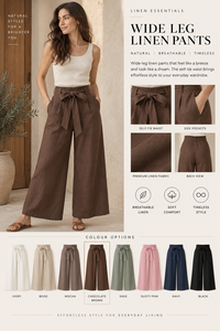 Women Cotton <b>Linen</b> Elastic Waist Loose Fit High Waist Wide Leg <b>Pants</b> with Tie Belt Pockets Brown Casual Palazzo <b>Pants</b> Wholesale - Product Image 2