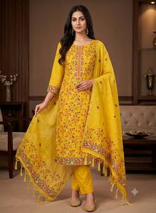 Conjunto de traje Anarkali de algodón crema bordado para mujer Noor, corte regular, ropa tradicional india y pakistaní, informal, para todas las estaciones - Product Image 2