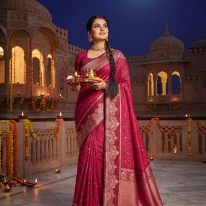 Sari de Seda Suave Especial para Karva Chauth de AARIKA TEXTILE, con Bordado Zari, Diseño de Borde y Pallu, Largo hasta el Suelo, Tradicional y Festivo - Product Image 5