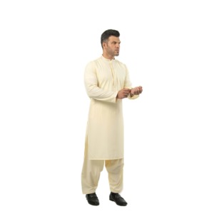 Salwar Kameez pour homme en coton 100% de qualité supérieure, brodé, respirant, séchage rapide, tenue de soirée formelle, couleur beurre, costume Kurta - Product Image 2
