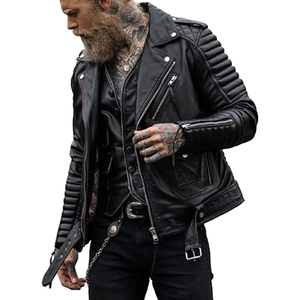 Men's Black PU Leather Moto <b>Biker</b> <b>Jacket</b> With Zipper Closure And Quilted Sleeves Turn-down Collar Slim Fit Autumn Wear - Product Image 1