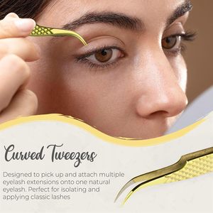 Prix de gros : Pince à cils courbée dorée en acier inoxydable pour extensions de cils avec fibre - Product Image 1