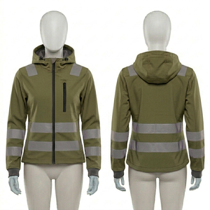 เสื้อฮู้ดทำงานผู้หญิงสีเขียวมะกอกแบบ Softshell 320 GSM พร้อมแผงสะท้อนแสง เสื้อแจ็คเก็ตนิรภัย ปักลายตามสั่ง พิมพ์โลโก้ด้วยความร้อน - Product Image 1