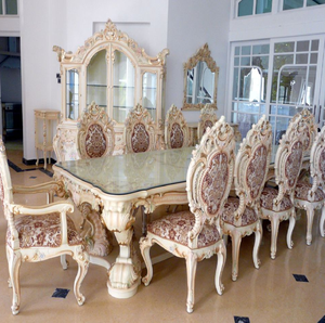 European 8-seater black and gold <b>dining</b> set with tufted velvet <b>chairs</b> and ornate carved pedestal base, at wholesale prices. - Product Image 3