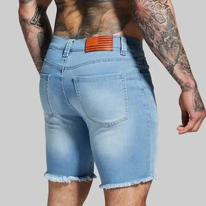Pantalones Cortos de Mezclilla para Hombre, Lavado Claro, Pierna Recta, Cintura Alta, Casuales, Transpirables, de Algodón Tejido, con Borde Deshilachado - Product Image 2