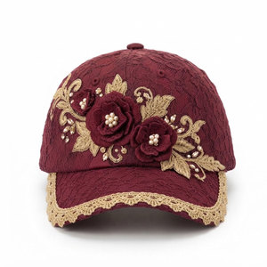 Gorro de Béisbol de Encaje para Mujer, con Bordado Floral Intrincado y Pedrería, Cierre Ajustable, para Uso Diario - Product Image 1
