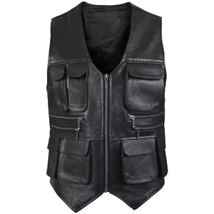 Men's Plus Size Moto Biker Vest V-Neck Solid Color Zipper Pocket Outerwear Regular Length Single Breasted Polyester - Product Image 4
