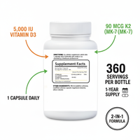 Capsules de Vitamine D3+K2 à haute puissance, faciles à avaler, favorisant l'absorption du calcium