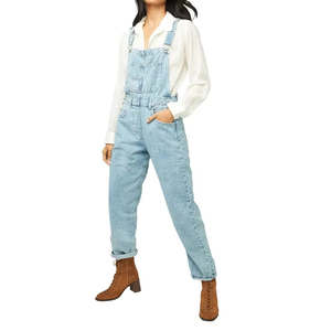 Medium Denim Long Denim <b>Jumpsuit</b> <b>With</b> Neckline Sleeveless Straight Cut Leg and Square <b>Pockets</b> on the Front White Overall Shorts - Product Image 4