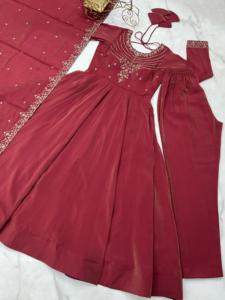 Traditional Georgette Embroidery With Sequence Work Anarkali Kurti With Pant and <b>Russian</b> Silk Dupatta Collection - Product Image 6