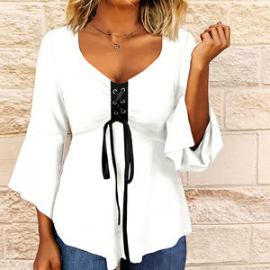 Vente flash sur la tunique décontractée pour femmes Temu, col en V, manches cloche, laçage sur le devant, pour un usage quotidien et des tenues quotidiennes. - Product Image 4