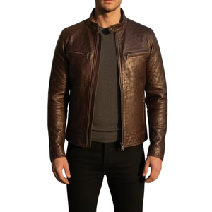 แจ็คเก็ตหนังแท้ทรงคาเฟ่เรเซอร์สำหรับผู้ชาย ลายหนังนกกระจอกเทศ ทรงเข้ารูป สไตล์ไบค์เกอร์ ซิปหน้า ผลิตตามแบบ OEM - Product Image 3