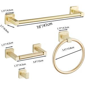 Set di Accessori per Bagno in Acciaio Inox Dorato Chiaro, 4 Pezzi, Portasciugamani da Parete 16 Pollici con Anello Portasciugamani - Product Image 2