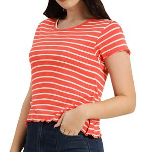 Camiseta a rayas con cuello redondo para mujer, manga corta, rayas horizontales informales teñidas con hilo, cuello redondo con apliques en diferentes colores - Product Image 1
