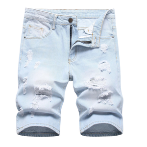 Shorts en jean déchirés et délavés pour homme, coupe droite, en coton, bleu clair, respirant, séchage rapide, style vintage, pour l'été - Product Image 1