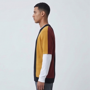 T-shirt en tricot surdimensionné pour homme, col rond, style décontracté, manches doubles, 100% coton, t-shirts à manches doubles pour homme - Product Image 3