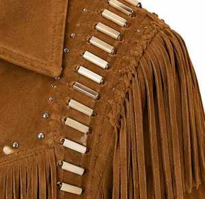 Men's Brown <b>Jacket</b> With <b>Fringe</b> Turn-down Collar Zipper Closure Vintage Style Regular Sleeve - Product Image 4