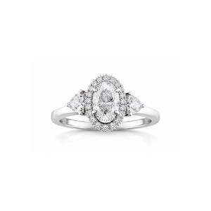 Bague de fiançailles en or blanc 14 carats avec diamant ovale cultivé en laboratoire |   Solitaire avec pierres latérales rondes et en taille trillion |   Bijoux de Mariage de Luxe - Product Image 2