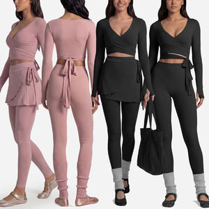 Women Long Sleeve V-Neck Wrap Crop Top High Waist <b>Leggings</b> Self-Tie <b>Skirt</b> 3 Piece Yoga Set - Product Image 1
