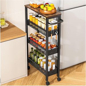 Carrito de Almacenamiento Rodante Delgado de 4 Niveles con Superficie de Madera y Construcción Metálica para Cocina, Baño o Lavandería - Product Image 1