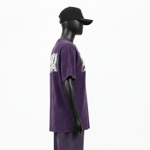 เสื้อยืดผู้หญิงแบบย้อมสีเอซิด ผ้าคอตตอนเจอร์ซีย์พรีเมียม เนื้อผ้านุ่ม สีม่วง พิมพ์ลายโลโก้ตามสั่ง เสื้อยืดผู้หญิงแบบย้อมสีเอซิด ผ้าคอตตอน - Product Image 3