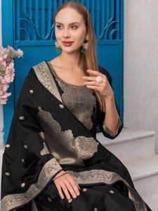 Black Silk Blend Gold Print Quick Dry <b>Kurta</b> Set Dupatta Traditional Indian <b>Women</b> Wedding Wear Knee-Length Regular Fit - Product Image 3