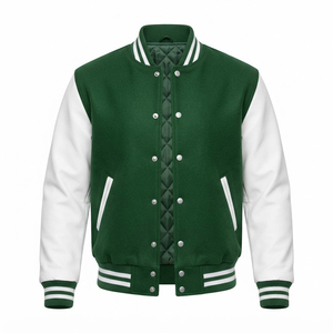 Veste universitaire homme personnalisée la plus vendue, haute qualité, verte, avec blocs de couleur, manches blanches, boutons-pression, col et poignets rayés, collection automne - Product Image 5